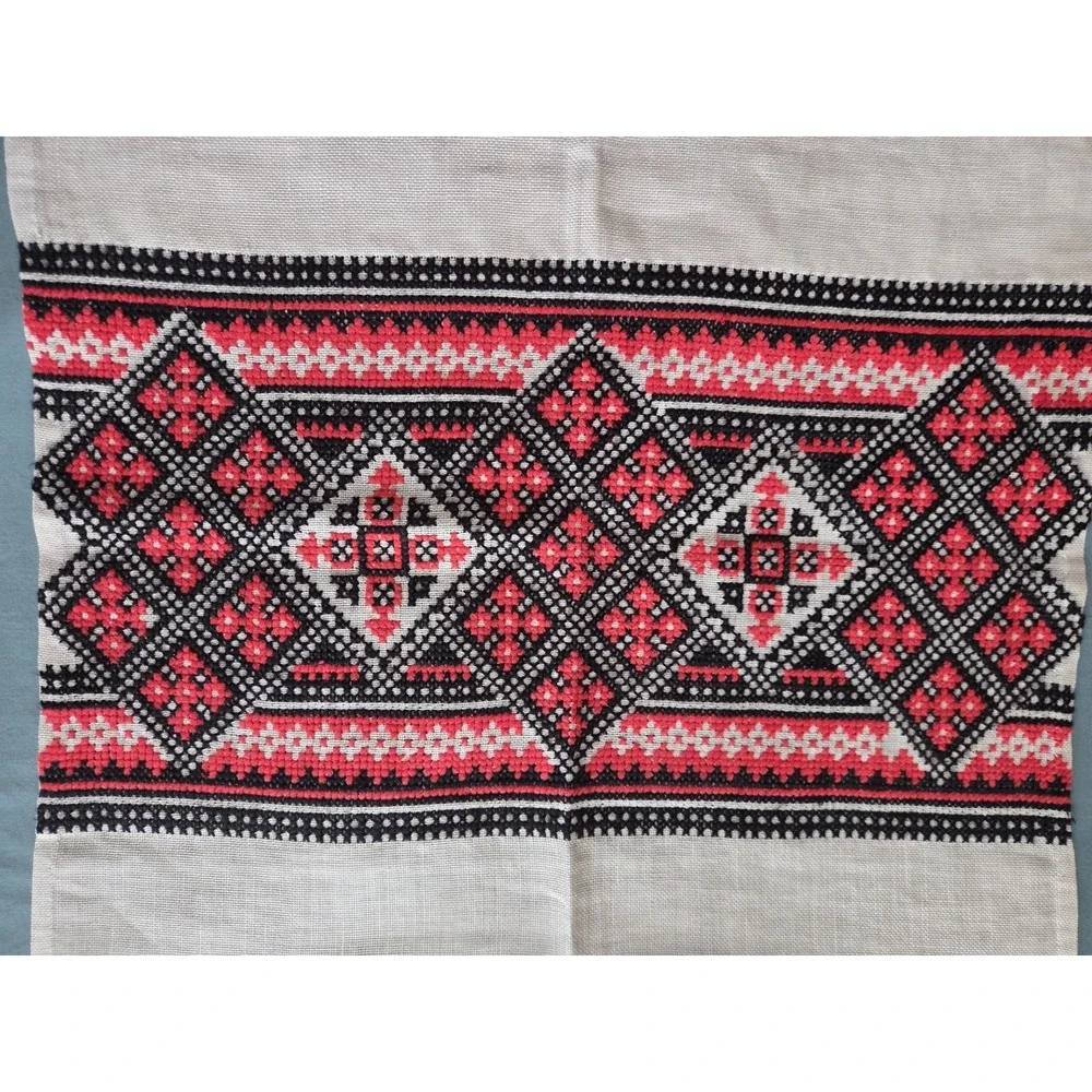 Vintage Ukrainian Rushnyk Embroidered Linen Towel, Red & Black Cross-Stitch Art